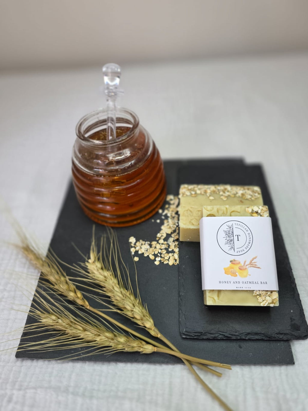 Homemade honey and oatmeal soap bar handcrafted by Tefillah Handmade Products, gentle for sensitive and eczema-prone skin