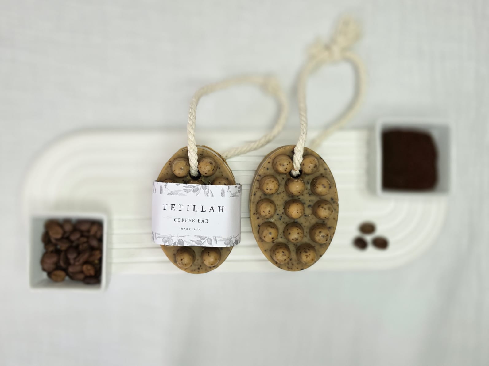 Homemade Coffee Soap on a Rope by Tefillah Handmade Products — natural exfoliating massage bar made with coffee grounds and shea butter