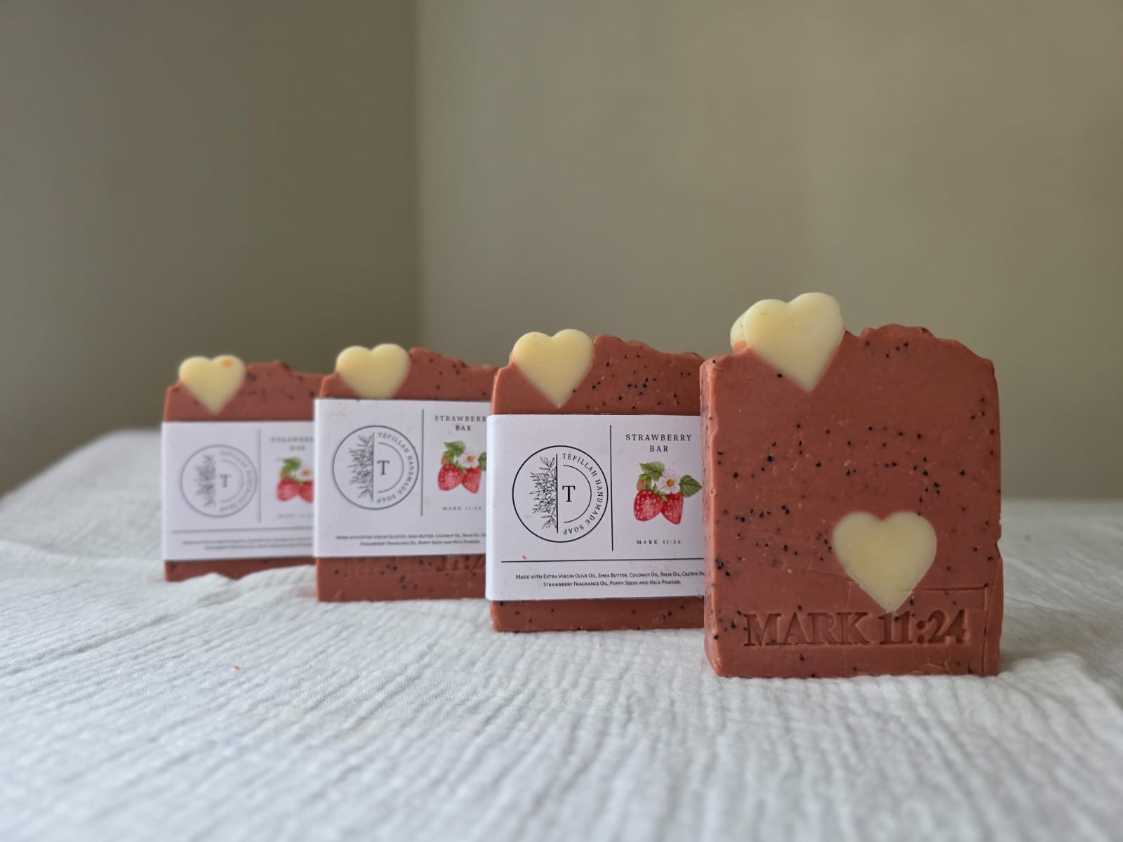 Homemade Strawberry Soap Bar by Tefillah Handmade Products — natural pink soap bar with strawberry fragrance and poppy seeds for gentle exfoliation