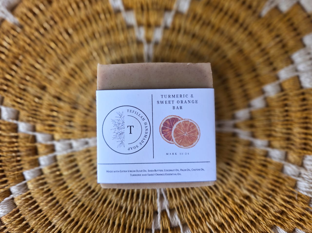 Tefillah Handmade Products Turmeric and Sweet Orange Soap Bar — handcrafted natural soap with anti-inflammatory turmeric and uplifting citrus scent