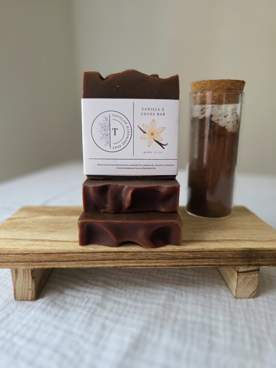 Homemade Vanilla and Cocoa Soap Bar by Tefillah Handmade Products, showing rich brown colour from cocoa powder