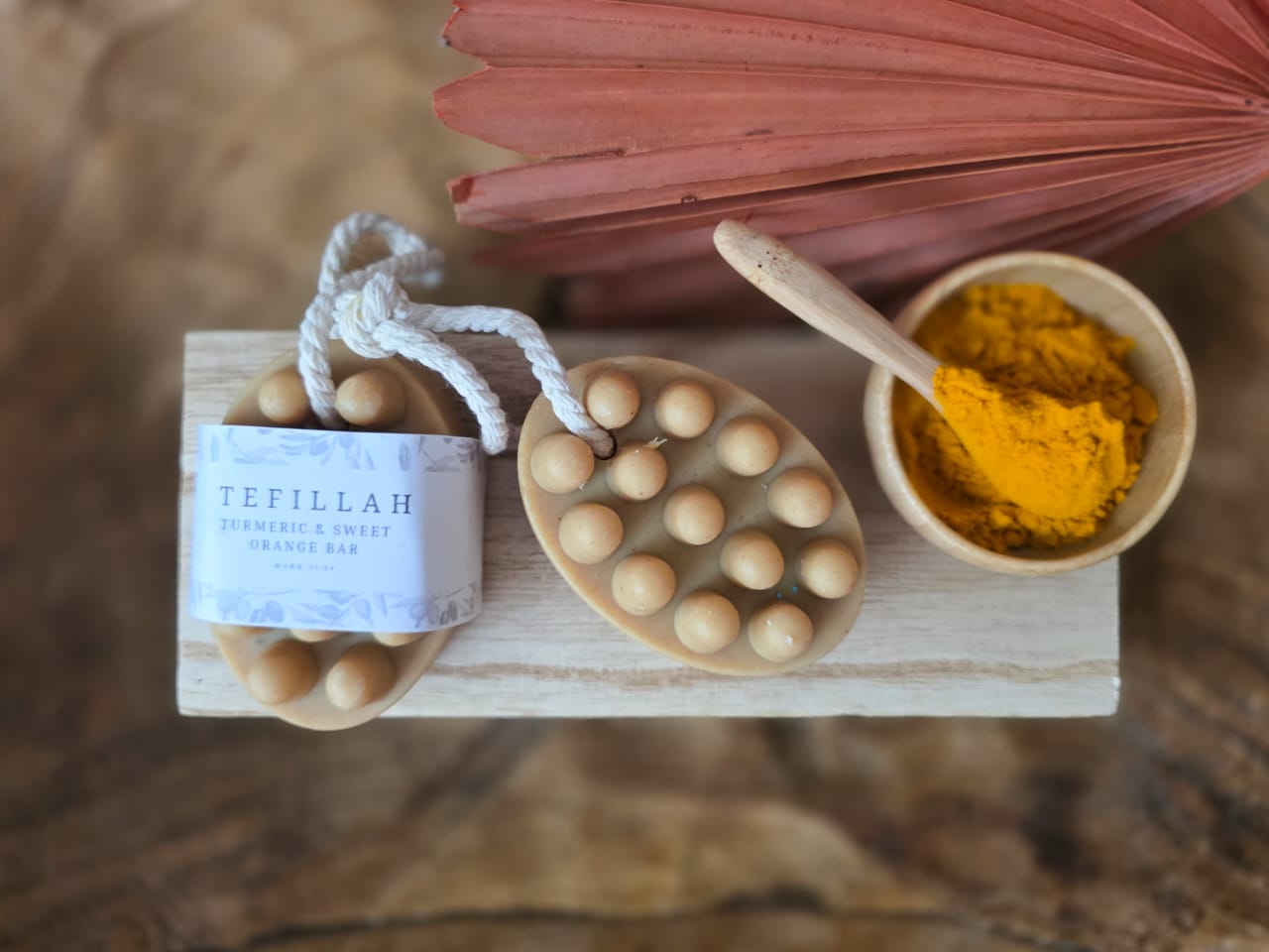 Tefillah Handmade Products Turmeric and Sweet Orange Soap on a Rope — handcrafted natural soap with anti-inflammatory turmeric and uplifting citrus scent