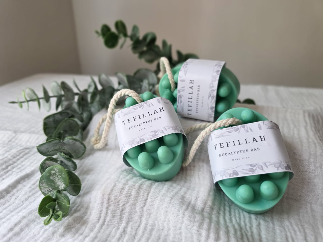 Homemade Eucalyptus Soap on a Rope by Tefillah Handmade Products — natural handcrafted soap hung on a rope with eucalyptus essential oil to open airways and refresh the senses
