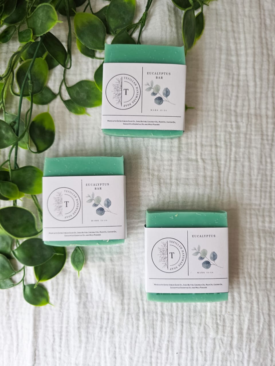Tefillah Handmade Products Eucalyptus Soap Bar — invigorating natural soap with eucalyptus essential oil and mica powder