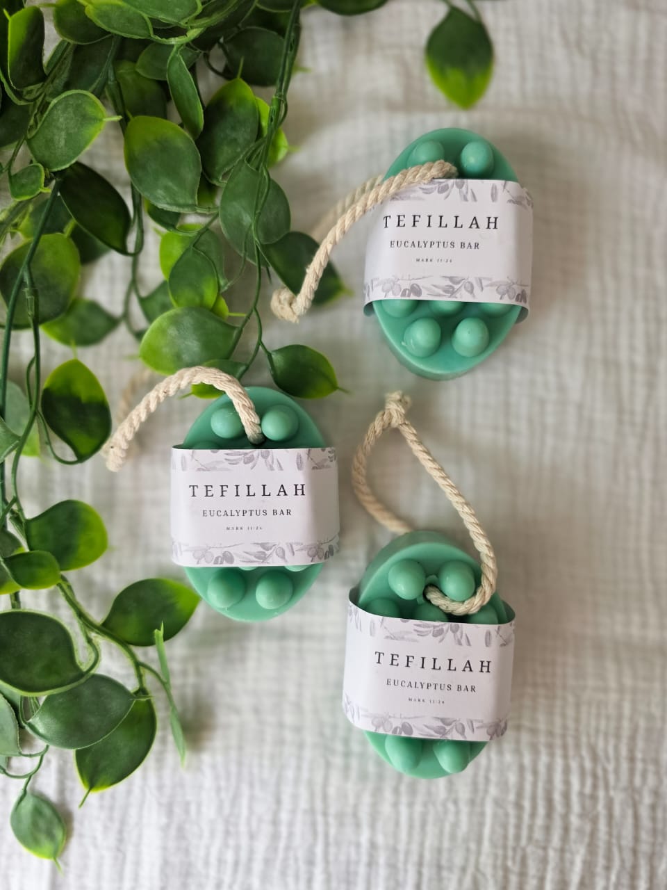Tefillah Handmade Products Eucalyptus Soap on a Rope — invigorating natural soap with eucalyptus essential oil and mica powder