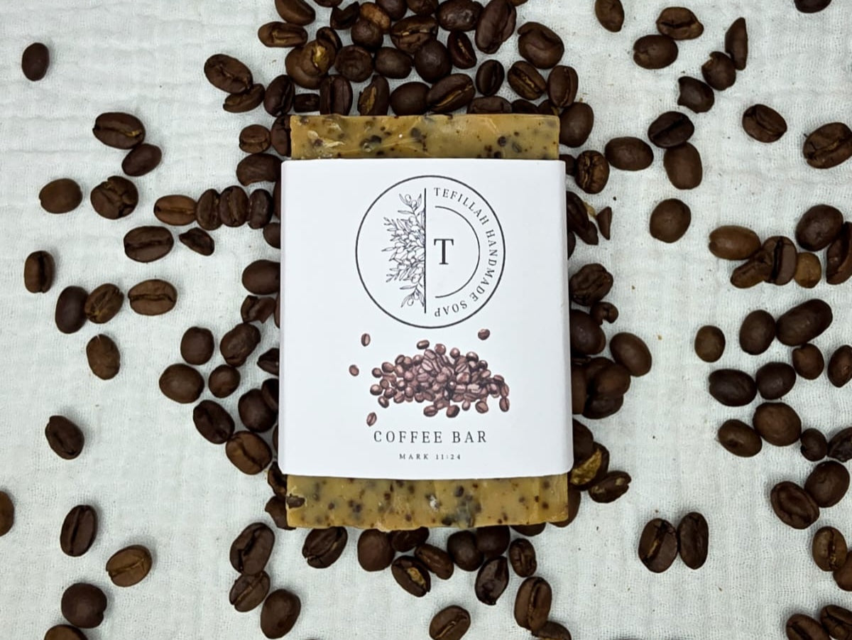 Homemade coffee soap bar handcrafted by Tefillah Handmade Products, with coffee grounds for natural exfoliation and skin rejuvenation