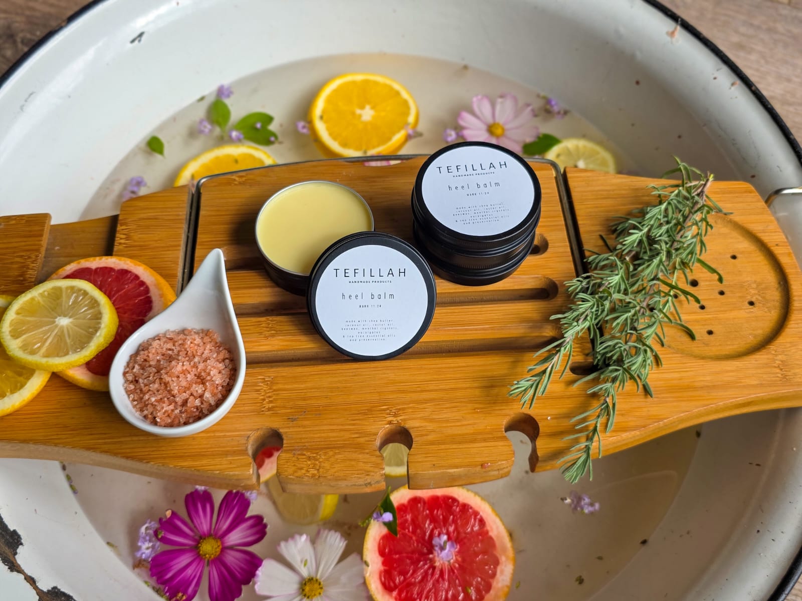Homemade Heel Balm by Tefillah Handmade Products — cooling, antibacterial foot balm with tea tree and eucalyptus essential oils for soothing tired, aching feet