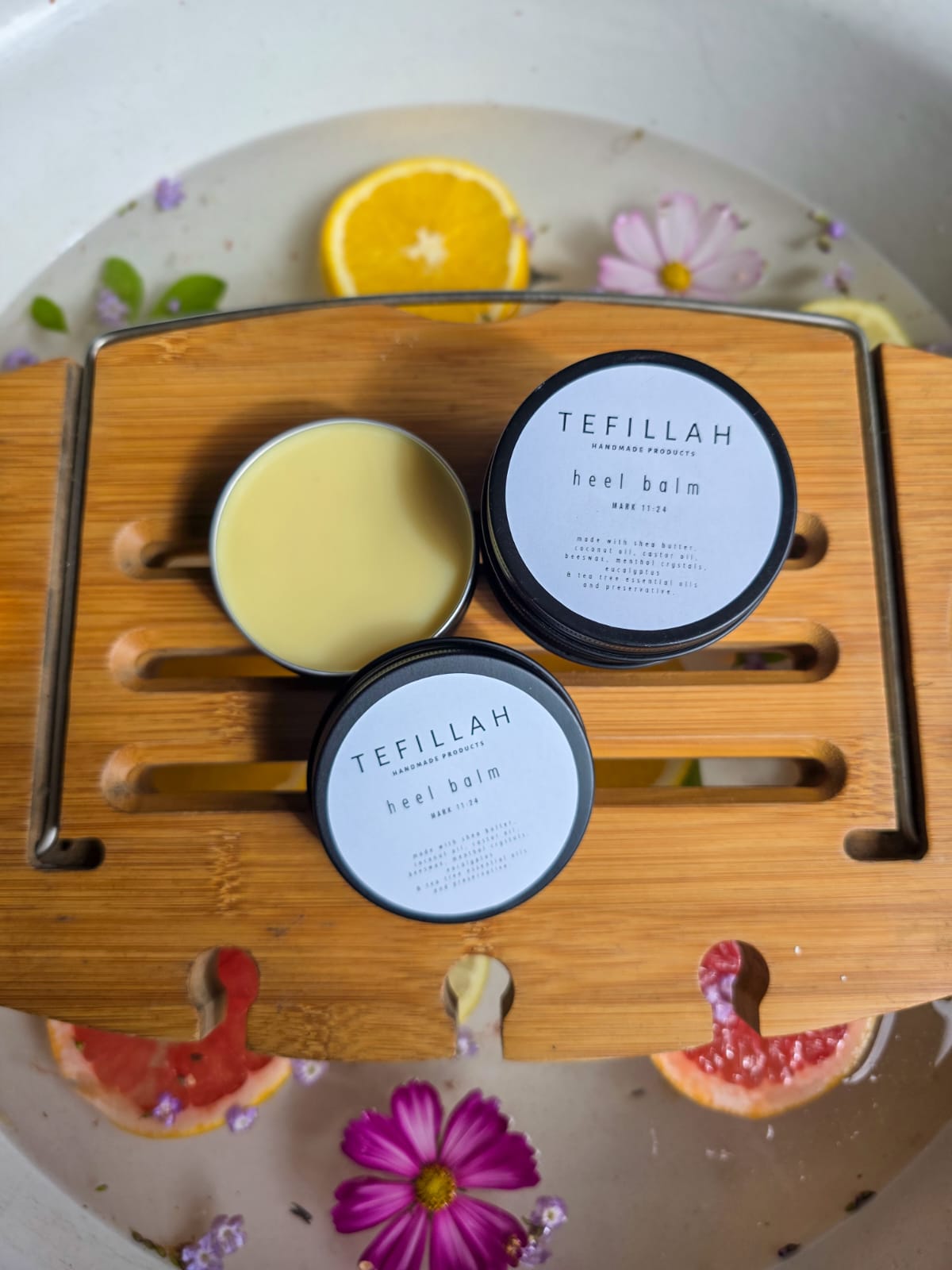 Homemade Heel Balm by Tefillah Handmade Products — rich peppermint and menthol heel treatment with shea butter and beeswax for repairing dry, cracked heels
