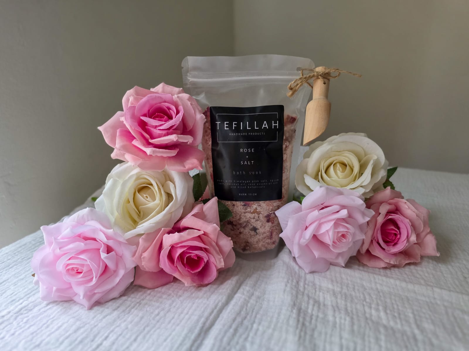 Handmade Rose Bath Salt by Tefillah Handmade Products — luxurious Himalayan and Epsom salt blend with rose essential oil and dried rose petals for deep relaxation and skin rejuvenation